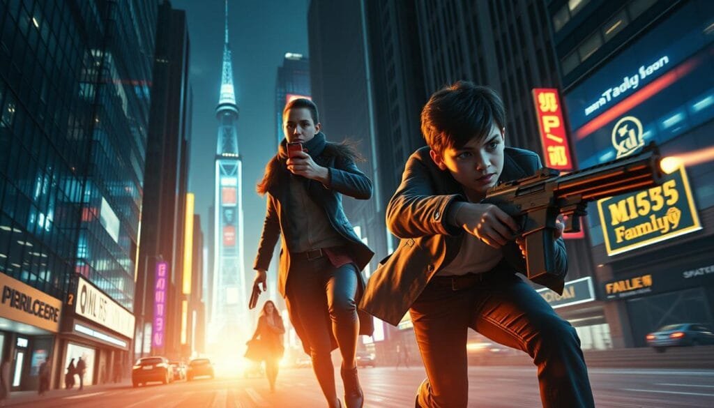 Escenas de acción intensas y emocionantes de la familia Forger en acción. Un agente secreto, una asesina de élite y un niño genio se abalanzan a través de una ciudad vibrante, esquivando balas, saltando entre edificios y luchando cuerpo a cuerpo con enemigos. Iluminación dramática, ángulos dinámicos y movimiento congelado capturan la tensión y la adrenalina de esta misión peligrosa. Colores vivos, sombras profundas y detalles realistas hacen que esta escena de Spy x Family parezca sacada directamente de una película de acción.