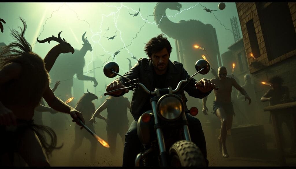 Escenas de batalla de Chainsaw Man: Un campo de batalla caótico, con demonios y humanos luchando ferozmente. En el centro, Denji, el protagonista, con su afilada motosierra y ojos salvajes, se abre paso a través de la confusión. Llamas y electricidad envuelven la escena, creando un ambiente tenso y cargado de energía. En segundo plano, edificios en ruinas y nubes de humo dan un toque sombrío. Cámara en ángulo bajo, captando la intensidad de la acción y la imponente presencia de Denji. Iluminación dramática, acentuando sombras y contrastes, transmitiendo la brutalidad de la batalla. Escenas de batalla de Chainsaw Man: Un campo de batalla caótico, con demonios y humanos luchando ferozmente. En el centro, Denji, el protagonista, con su afilada motosierra y ojos salvajes, se abre paso a través de la confusión. Llamas y electricidad envuelven la escena, creando un ambiente tenso y cargado de energía. En segundo plano, edificios en ruinas y nubes de humo dan un toque sombrío. Cámara en ángulo bajo, captando la intensidad de la acción y la imponente presencia de Denji. Iluminación dramática, acentuando sombras y contrastes, transmitiendo la brutalidad de la batalla.