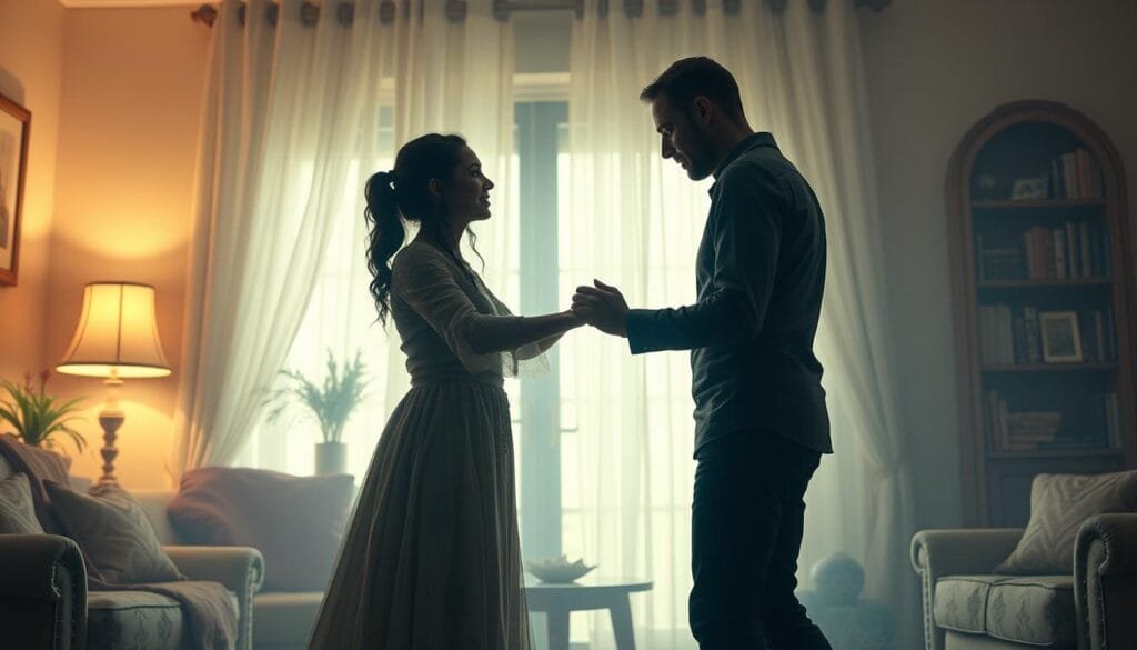 Escenas familiares de la cálida y caótica familia Forger: Loid, el padre espía de élite, Yor, la mortífera asesina ama de casa, y Anya, su hija psíquica, se reúnen en su acogedor hogar. Loid y Yor comparten una danza íntima mientras Anya los observa con asombro, sus poderes telepáticos revelando el amor y la complicidad que ocultan detrás de sus fachadas. La iluminación cálida y los tonos pastel envuelven la escena, reflejando la ternura y la inocencia del hogar Forger. Encuadre medio y ángulo ligeramente picado para capturar la dinámica familiar y la armonía que subyace en su vida aparentemente normal.