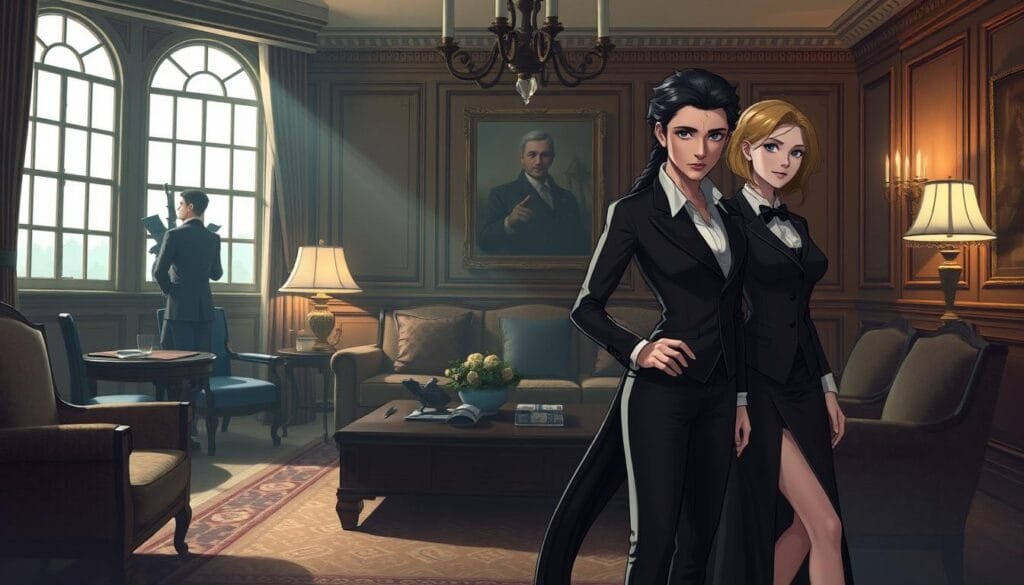 Espectacular ilustración de "Prompts para Spy x Family con IA": una escena realista de la familia Forger en un entorno elegante y misterioso. En primer plano, Loid, Yor y Anya posando con gracia y estilo, vestidos con atuendos sofisticados. En el fondo, un salón lujoso con muebles de madera, iluminado con lámparas de araña y ventanas que dejan entrar la luz natural. Atmósfera tenue y sutil, con toques de tensión y drama. Perspectiva ligeramente elevada, ángulo de cámara suave y enfoque nítido en los personajes. Colores ricos y saturados, con un estilo artístico que captura la esencia de Spy x Family.