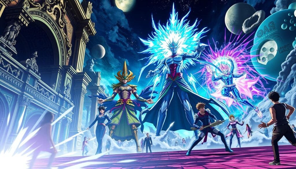 Estética de JoJo's Bizarre Adventure: A cinematic scene set in the distinctive visual style of the beloved anime series. The foreground features ornate architecture and detailed character poses, with vibrant colors and dynamic lighting. In the middle ground, larger-than-life beings with supernatural powers unleash their extraordinary abilities, their motions captured in a dramatic freeze-frame. The background evokes the surreal, dreamlike atmosphere of the JoJo universe, with abstract shapes, cosmic patterns, and a sense of the mystical. The overall composition conveys the bold, energetic, and endlessly imaginative aesthetic that defines the iconic JoJo's Bizarre Adventure.