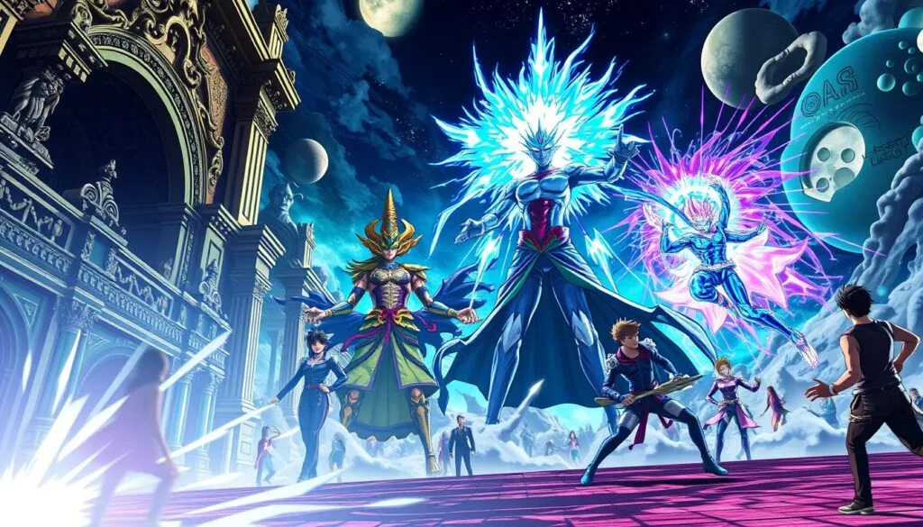 Estética de JoJo's Bizarre Adventure: A cinematic scene set in the distinctive visual style of the beloved anime series. The foreground features ornate architecture and detailed character poses, with vibrant colors and dynamic lighting. In the middle ground, larger-than-life beings with supernatural powers unleash their extraordinary abilities, their motions captured in a dramatic freeze-frame. The background evokes the surreal, dreamlike atmosphere of the JoJo universe, with abstract shapes, cosmic patterns, and a sense of the mystical. The overall composition conveys the bold, energetic, and endlessly imaginative aesthetic that defines the iconic JoJo's Bizarre Adventure. Estética de JoJo's Bizarre Adventure: A cinematic scene set in the distinctive visual style of the beloved anime series. The foreground features ornate architecture and detailed character poses, with vibrant colors and dynamic lighting. In the middle ground, larger-than-life beings with supernatural powers unleash their extraordinary abilities, their motions captured in a dramatic freeze-frame. The background evokes the surreal, dreamlike atmosphere of the JoJo universe, with abstract shapes, cosmic patterns, and a sense of the mystical. The overall composition conveys the bold, energetic, and endlessly imaginative aesthetic that defines the iconic JoJo's Bizarre Adventure.