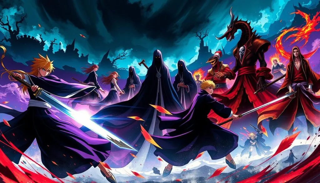 Estilos artísticos Bleach: A vibrant, dynamic illustration showcasing the diverse artistic interpretations of the beloved anime series Bleach. In the foreground, dynamic character poses capture the intensity of the battles, with fluid linework and expressive brushstrokes. The middle ground features iconic Bleach motifs, such as zanpakuto swords and soul reaper uniforms, rendered in a range of artistic styles, from traditional Japanese ink wash to bold, expressionistic digital painting. The background immerses the viewer in a moody, atmospheric landscape, with Bleach's signature color palette of deep blues, purples, and fiery oranges. Lighting is dramatic, with dynamic highlights and shadows accentuating the artwork's depth and texture. The overall composition conveys the thematic essence of Bleach, blending action, mysticism, and artistic flair.