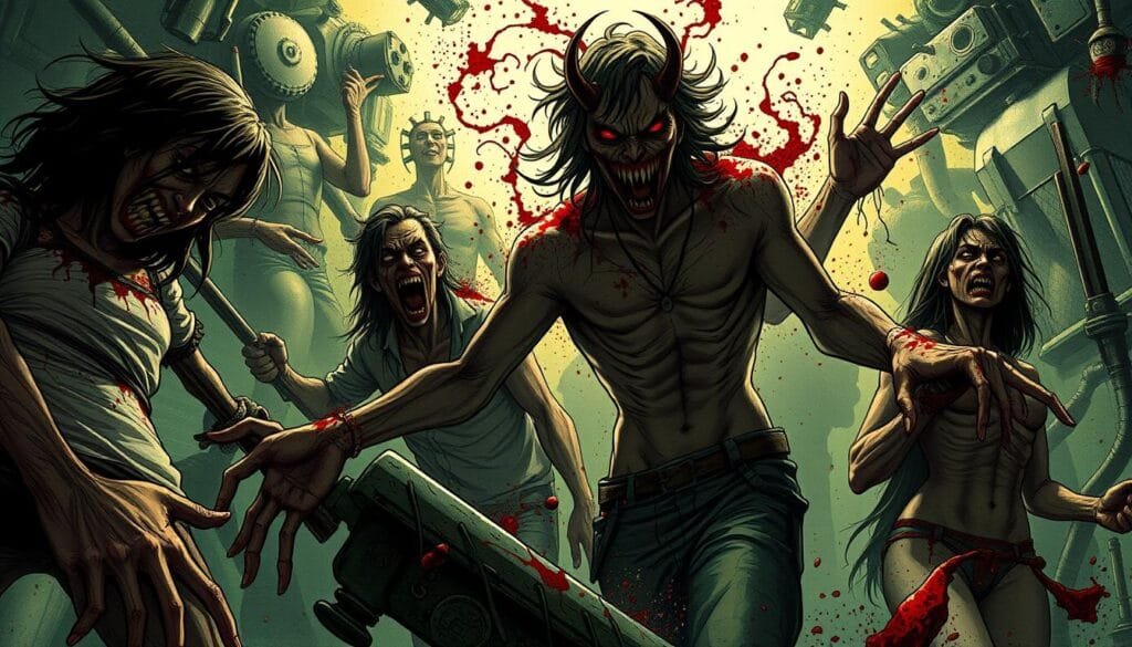 Estilos artísticos de Chainsaw Man: una explosión de escenas violentas y desgarradoras, con personajes de aspecto demoniaco y ambientes lúgubres bañados en un tono surrealista. Figuras retorcidas y deformadas se desplazan en un mundo oscuro y caótico, iluminado por destellos de sangre y maquinaria industrial. Trazos gruesos y manchas de color se funden en una composición orgánica que captura la naturaleza cruda y visceral del manga. Un enfoque siniestro y perturbador, que transmite la intensidad y la descarnada estética de Chainsaw Man. Estilos artísticos de Chainsaw Man: una explosión de escenas violentas y desgarradoras, con personajes de aspecto demoniaco y ambientes lúgubres bañados en un tono surrealista. Figuras retorcidas y deformadas se desplazan en un mundo oscuro y caótico, iluminado por destellos de sangre y maquinaria industrial. Trazos gruesos y manchas de color se funden en una composición orgánica que captura la naturaleza cruda y visceral del manga. Un enfoque siniestro y perturbador, que transmite la intensidad y la descarnada estética de Chainsaw Man.