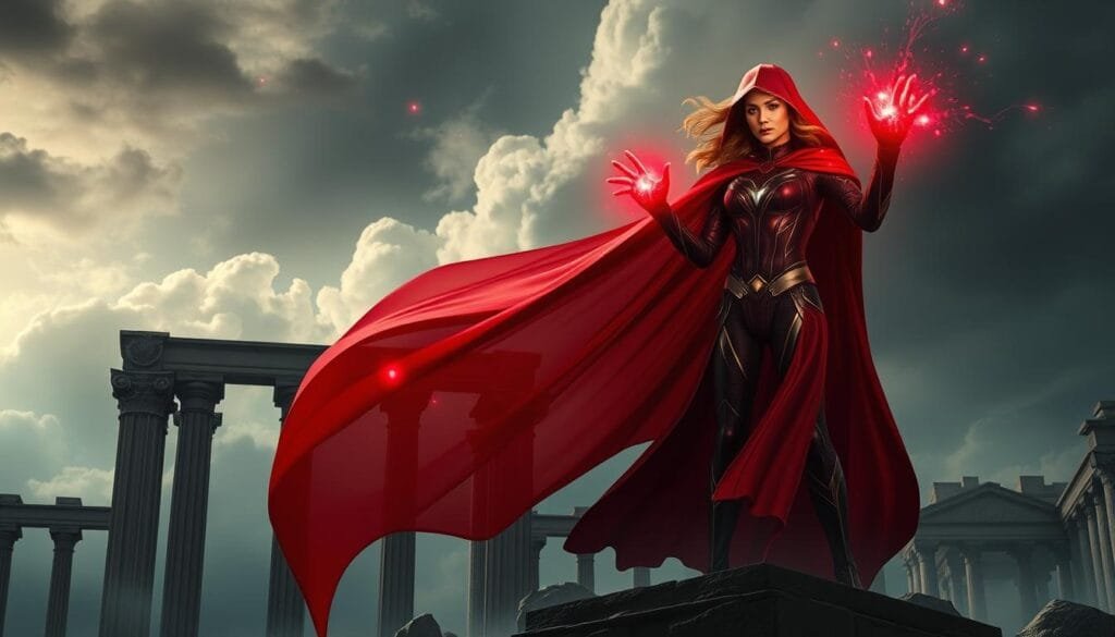 Estructura de prompt para Scarlet Witch: Una hechicera en un entorno místico. En primer plano, la figura de Scarlet Witch se alza poderosa, envuelta en un manto rojo que ondea con gracia. Sus manos brillan con energía roja, lista para invocar sus hechizos. En el fondo, un paisaje fantasmagórico con nubes oscuras y destellos de luz. Estructura de columnas y arcos antiguos crean un ambiente de templo mágico. Iluminación dramática y ángulos sugerentes, que capturan la esencia de Scarlet Witch: una mujer extraordinaria con un gran poder y un misterioso destino.