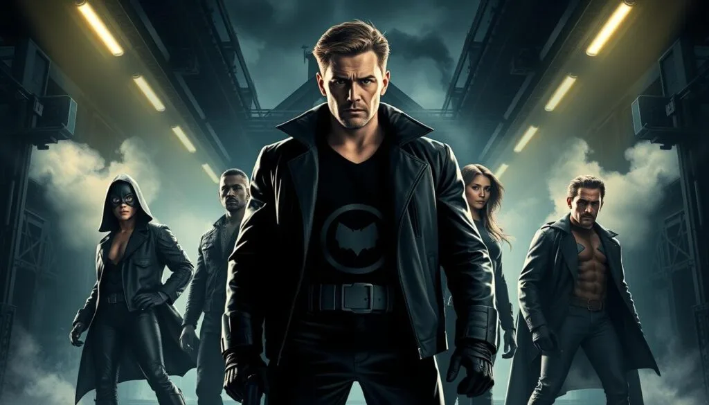 Estructura de prompt para The Boys: Un plano medio de un grupo de superhéroes con un estilo visual oscuro y realista. En el centro, el protagonista masculino de The Boys, Hughie Campbell, con una expresión seria y reflexiva. A su alrededor, otros personajes clave como Butcher, Frenchie y Mother's Milk, cada uno con su propia pose y personalidad. En el fondo, un ambiente urbano sombrío con detalles industriales, rascacielos y nubes de tormenta. Una iluminación dramática crea sombras contrastantes y agrega tensión a la escena. La composición enfatiza la camaradería y la confrontación del grupo, capturando la esencia de la serie The Boys.