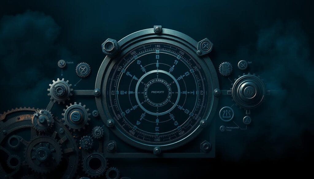 Estructura de prompts: a sleek, metallic diagram depicting the intricate components of a perfect prompt for generating Fullmetal Alchemist-inspired imagery. Set against a moody, atmospheric backdrop of deep blues and grays, the diagram showcases the layered elements that come together to craft a prompt with precision and intent. Detailed gears, cogs, and alchemical symbols adorn the foreground, hinting at the technical considerations involved. The middle ground features a central, circular schematic outlining the key prompt structures, while the background is shrouded in a hazy, dramatic lighting that evokes the fantastical world of Fullmetal Alchemist. The overall composition conveys a sense of mechanical elegance and the power of thoughtfully engineered prompts to unlock the boundless creative potential of AI-generated art.