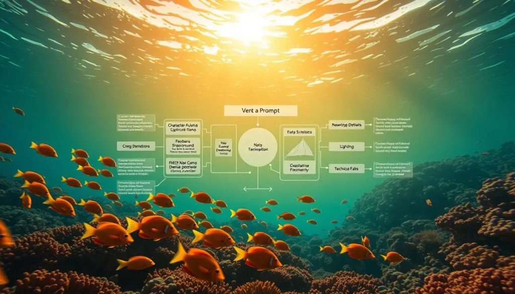 Estructura de prompts para Buscando a Nemo: A vivid, photorealistic underwater seascape with a central focus on an intricately detailed diagram showcasing the anatomy of a perfect Nemo prompt. The diagram, rendered in a sleek, scientific style, features labeled sections illustrating key prompt elements such as character descriptions, background details, lighting, and technical parameters. The ocean environment is bathed in a warm, golden glow, creating a sense of depth and tranquility. Schools of vibrant tropical fish swim gracefully in the middle ground, while the distant backdrop features a sunlit coral reef teeming with marine life. The overall composition conveys a sense of educational clarity and aesthetic beauty, perfectly suited to complement the article's subject matter. Estructura de prompts para Buscando a Nemo: A vivid, photorealistic underwater seascape with a central focus on an intricately detailed diagram showcasing the anatomy of a perfect Nemo prompt. The diagram, rendered in a sleek, scientific style, features labeled sections illustrating key prompt elements such as character descriptions, background details, lighting, and technical parameters. The ocean environment is bathed in a warm, golden glow, creating a sense of depth and tranquility. Schools of vibrant tropical fish swim gracefully in the middle ground, while the distant backdrop features a sunlit coral reef teeming with marine life. The overall composition conveys a sense of educational clarity and aesthetic beauty, perfectly suited to complement the article's subject matter.