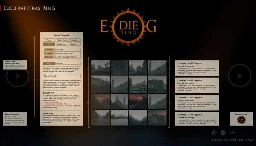 Estructura de prompts para Elden Ring: a detailed, technical illustration showcasing the key components and structure of an effective prompt for generating Elden Ring-inspired imagery using an AI text-to-image model. The foreground features a central prompt template with multiple layered elements, including character descriptions, environmental details, and technical parameters. The middle ground depicts various example prompts for different Elden Ring scenes, arranged in a grid layout. The background showcases the Elden Ring logo and subtle design motifs, creating a cohesive and visually captivating composition. The lighting is dramatic, with warm and cool tones complementing the subject matter. The camera angle is slightly elevated, providing an overview of the prompt structure and its application. The overall mood is one of technical proficiency, creative expression, and the fusion of human imagination with AI-powered image generation. Estructura de prompts para Elden Ring: a detailed, technical illustration showcasing the key components and structure of an effective prompt for generating Elden Ring-inspired imagery using an AI text-to-image model. The foreground features a central prompt template with multiple layered elements, including character descriptions, environmental details, and technical parameters. The middle ground depicts various example prompts for different Elden Ring scenes, arranged in a grid layout. The background showcases the Elden Ring logo and subtle design motifs, creating a cohesive and visually captivating composition. The lighting is dramatic, with warm and cool tones complementing the subject matter. The camera angle is slightly elevated, providing an overview of the prompt structure and its application. The overall mood is one of technical proficiency, creative expression, and the fusion of human imagination with AI-powered image generation.