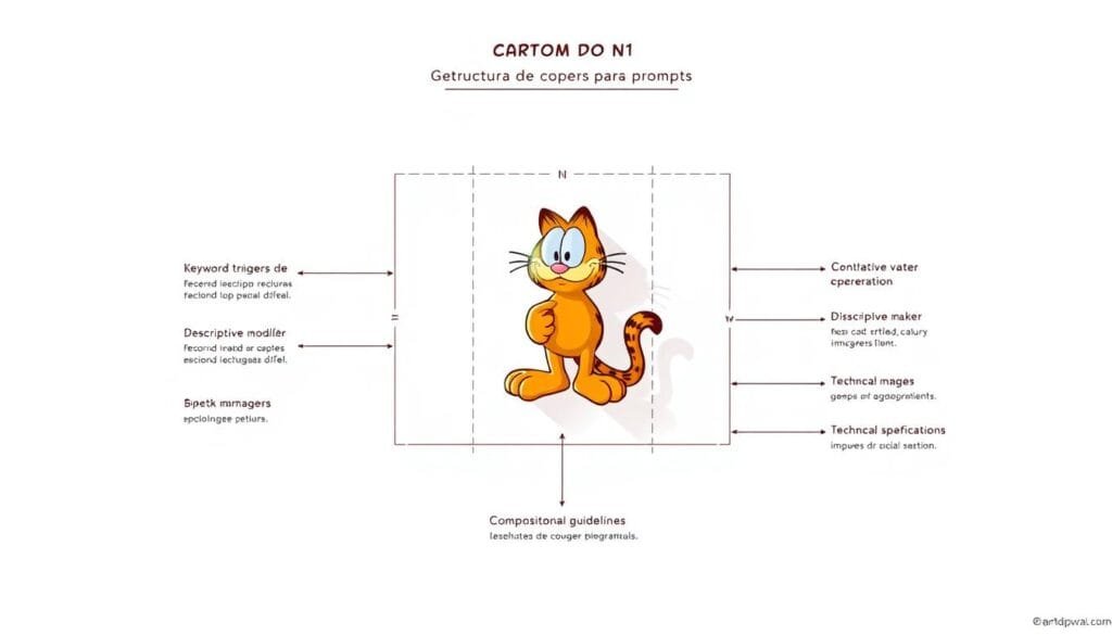Estructura de prompts para Garfield, a detailed technical diagram showcasing the fundamental components and structure of effective prompts for generating images of the iconic cartoon cat. A crisp white background provides a clean canvas, with a central focal point of a 3D-rendered blueprint-style schematic. Precise lines, dimensions, and labels delineate the key elements: keyword triggers, descriptive modifiers, technical specifications, and compositional guidelines. Warm lighting casts subtle shadows, conveying a sense of depth and dimensionality. The overall aesthetic strikes a balance between technical precision and playful whimsy, befitting the subject matter.