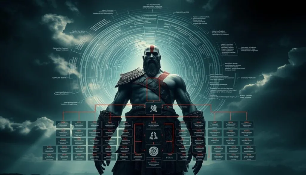 Estructura de prompts para God of War: A dramatic, cinematic scene showcasing the intricate framework of prompt engineering for creating God of War-inspired images. In the foreground, a towering statue of the mighty Kratos, his chiseled features and battle-worn armor casting an imposing presence. Surrounding him, a swirling vortex of textual elements and technical parameters, arranged in a visually captivating, layered composition. In the middle ground, an array of detailed prompts, each one a building block for the final image, meticulously crafted to evoke the gritty, mythological atmosphere of the God of War universe. The background is a moody, dramatic landscape, with ominous clouds and shafts of dramatic lighting, setting the stage for this intricate prompt structure. The overall mood is one of power, precision, and the art of harnessing the capabilities of AI-driven image generation.