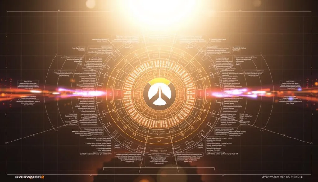 Estructura de prompts para Overwatch2: An expansive and meticulously designed blueprint, showcasing the intricate layers of a prompt engineered to generate captivating Overwatch 2 visuals. In the foreground, a central hub of keywords and attributes masterfully woven together, emitting a sense of strategic precision. The middle ground depicts the interplay of visual elements, lighting, and camera angles, harnessing the power of Stable Diffusion to bring the Overwatch universe to life. In the background, a subtle yet dynamic energy field, reflecting the ever-evolving nature of prompt engineering, ready to adapt to the rapidly changing landscape of AI-generated imagery. The overall scene emanates a harmonious balance between technical expertise and creative vision, guiding the viewer through the foundations of crafting Overwatch 2 prompts that capture the essence of the game's distinct visual identity.