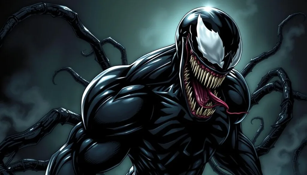 Estructura de prompts para Venom: a detailed and dynamic illustration showcasing the key elements of an effective prompt for generating images of the iconic Marvel antihero Venom. In the foreground, a close-up view of Venom's iconic head and torso, with its sharp teeth, glistening black symbiotic suit, and piercing white eyes. The middle ground features Venom's intricate, web-like tendrils spreading out from the central figure, creating a sense of movement and power. The background is a moody, atmospheric setting, with dark shadows, swirling mists, and subtle highlights that enhance the ominous, otherworldly tone. Dramatic lighting casts dramatic shadows, emphasizing Venom's menacing presence. The overall composition is balanced and visually striking, capturing the essence of this formidable Marvel character.
