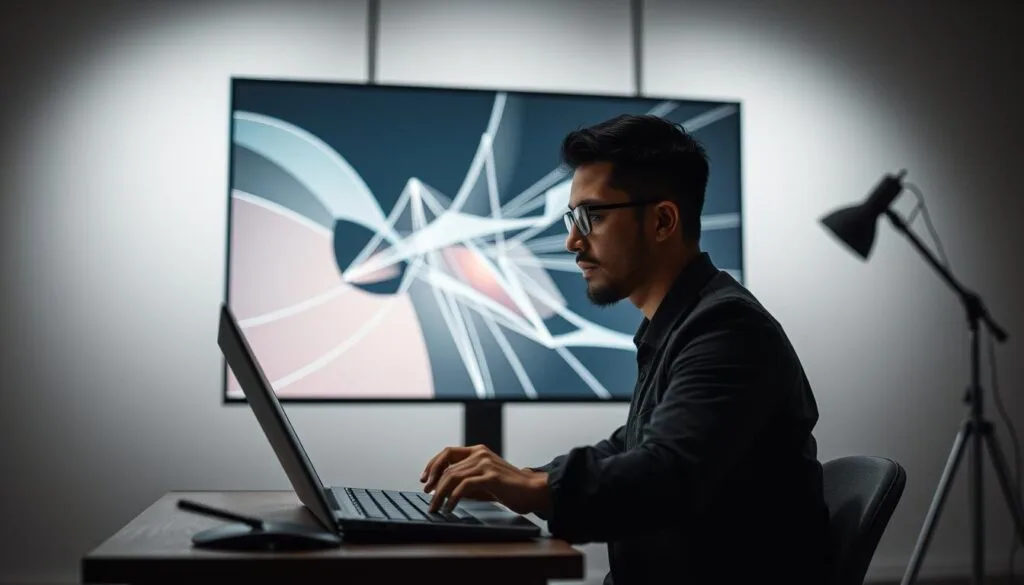 Estructura prompts IA, una guía visual: En el centro, una pantalla holográfica muestra una composición abstracta de formas geométricas y líneas dinámicas que representan el proceso de generar imágenes mediante IA. En el primer plano, un artista digital, con apariencia seria y concentrada, teclea comandos en una interfaz de usuario minimalista. Detrás, un fondo de estudio fotográfico con iluminación suave y tenues tonos grises, creando un ambiente profesional y reflexivo. La composición sugiere la importancia de una estructura de prompt bien diseñada para lograr resultados visuales impactantes y significativos con la tecnología de generación de imágenes por IA.