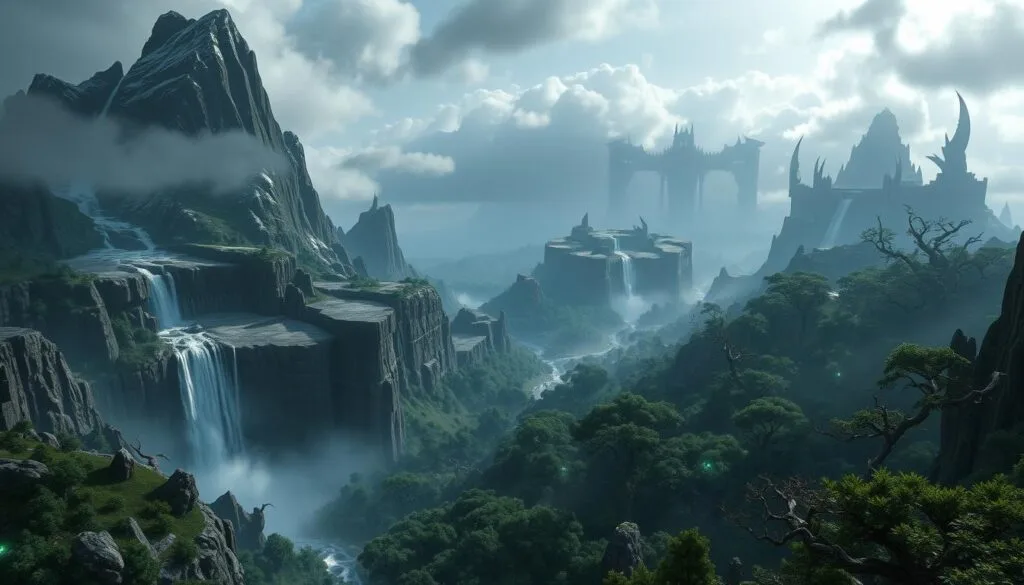 Expansive, majestic landscapes of the Nine Realms in the God of War universe. In the foreground, towering mountains of stone and ice, their peaks piercing the clouded skies. Cascading waterfalls flow through craggy ravines, their mist shrouding mysterious ancient ruins. The middle ground features lush, verdant forests, with gnarled, otherworldly trees and glowing, bioluminescent flora. In the distance, the horizon is dominated by colossal, ominous structures - the grand, imposing architecture of the Nine Realms. The scene is bathed in a moody, atmospheric lighting, creating a sense of awe and wonder, with dramatic contrasts of light and shadow. The overall mood is one of epic, fantastical grandeur, befitting the mythic scale of the God of War universe.