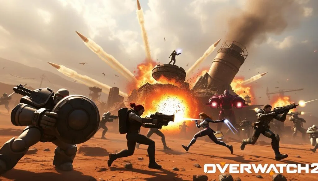 Explosive clash of Overwatch 2 heroes on a sprawling battlefield. In the foreground, Reinhardt charges forward, his massive shield deflecting enemy fire. Nearby, Tracer darts between combatants, her dual pulse pistols blazing. In the middle ground, Widowmaker perches atop a crumbling structure, her sights trained on distant targets. The sky is filled with the contrails of Pharah's rockets as she rains destruction from above. Gritty, cinematic lighting casts dramatic shadows, heightening the intensity of the combat. The scene is a dynamic display of the game's iconic characters and their unique abilities, captured in an epic, large-scale engagement.