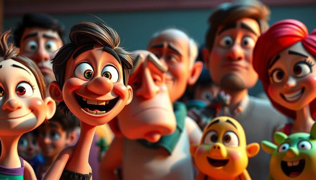 Expresiones y Emociones en Personajes Pixar A vibrant, whimsical scene showcasing a diverse cast of Pixar-inspired characters, each with a distinct and captivating expression. In the foreground, a joyful character smiles brightly, their eyes twinkling with excitement. In the middle ground, a contemplative character furrows their brow, deep in thought. In the background, a character's face is etched with a range of emotions, from surprise to delight. The lighting is soft and warm, casting a glow on the characters and creating a sense of depth and dimension. The camera angle is slightly elevated, allowing the viewer to fully appreciate the characters' expressive faces and the nuanced emotions they convey. The overall mood is one of playfulness, wonder, and the essence of Pixar's signature style. Expresiones y Emociones en Personajes Pixar A vibrant, whimsical scene showcasing a diverse cast of Pixar-inspired characters, each with a distinct and captivating expression. In the foreground, a joyful character smiles brightly, their eyes twinkling with excitement. In the middle ground, a contemplative character furrows their brow, deep in thought. In the background, a character's face is etched with a range of emotions, from surprise to delight. The lighting is soft and warm, casting a glow on the characters and creating a sense of depth and dimension. The camera angle is slightly elevated, allowing the viewer to fully appreciate the characters' expressive faces and the nuanced emotions they convey. The overall mood is one of playfulness, wonder, and the essence of Pixar's signature style.