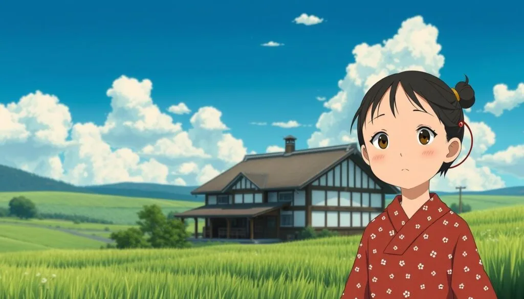 Foto familiar transformada al estilo Studio Ghibli con fondo de casa rural Foto familiar transformada al estilo Studio Ghibli con fondo de casa rural