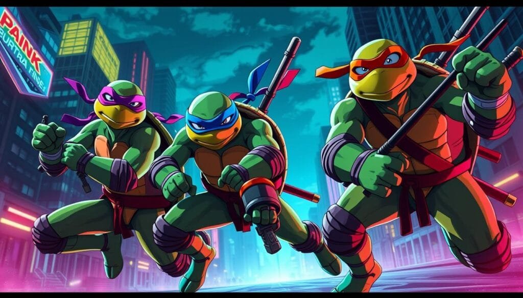Four teenage mutant ninja turtles, Raphael, Michelangelo, Donatello, and Leonardo, in a vibrant anime-inspired style. Detailed character designs showcasing their unique personalities, masked faces, and distinctive weapons. The turtles are posed in an action-ready stance, ready to leap into battle against their foes. Bright, neon-tinged colors, dynamic lighting, and a moody, urban cityscape backdrop evoke the energy and atmosphere of the classic Teenage Mutant Ninja Turtles franchise. Cinematic camera angle emphasizes the heroic stature of the turtles, with a sense of movement and momentum captured in their poses.