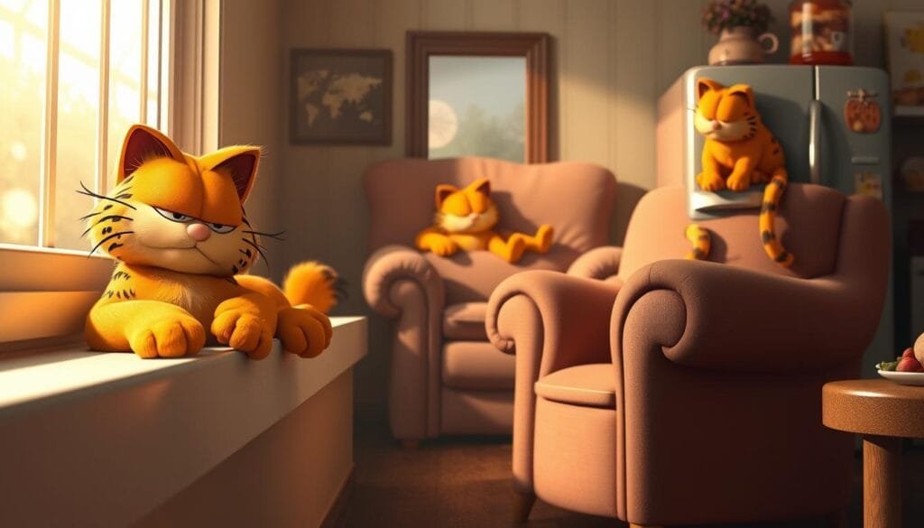Garfield relaxing in various locations, a mischievous orange tabby cat in a photorealistic style. In the foreground, Garfield lounging on a sunlit windowsill, paws tucked under, eyes half-closed. In the middle ground, Garfield napping on a plush armchair, surrounded by cozy furnishings. In the background, Garfield perched atop a refrigerator, gazing hungrily at the contents. Soft, warm lighting bathes the scenes, conveying a sense of domestic comfort and Garfield's laid-back feline charm. Highly detailed textures, realistic proportions, and subtle ambient shadows enhance the naturalistic feel. The composition emphasizes Garfield's playful presence in these everyday settings, capturing the essence of the iconic cartoon character.