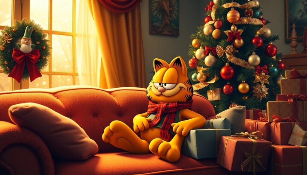 Garfield, the iconic feline, adorned in festive attire, sits amidst a cozy living room scene. Warm, soft lighting illuminates the room, casting a golden glow on the plush sofa and ornate holiday decorations. Garfield, with his signature orange fur and mischievous expression, is lounging comfortably, surrounded by twinkling lights, a lavishly decorated Christmas tree, and an assortment of wrapped gifts. The atmosphere exudes a sense of joyful celebration, capturing the essence of the holiday season. Detailed textures, rich colors, and a touch of whimsy come together to create a delightful and heartwarming image that captures Garfield's playful spirit during the festivities.