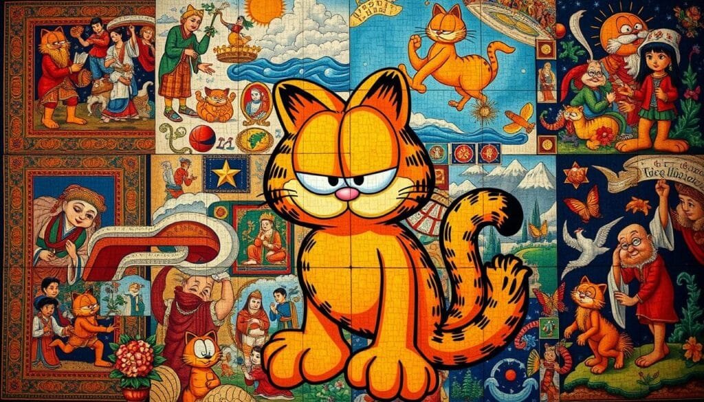 Garfield, the iconic feline, embodied in diverse cultural expressions. A vibrant collage of global artistic interpretations, showcasing the beloved cat's adaptability across various traditions and artistic styles. Elaborate tapestries, intricate mosaics, and vibrant murals depict Garfield in the rich hues and patterns of distinct cultural heritages. Subtle shifts in his expression, posture, and surrounding elements reflect the unique perspectives and aesthetics of the world's artistic traditions. Masterfully blended, this visually striking composition celebrates the universal appeal of the iconic orange cat, transcending boundaries and uniting cultures through the power of imaginative interpretation.