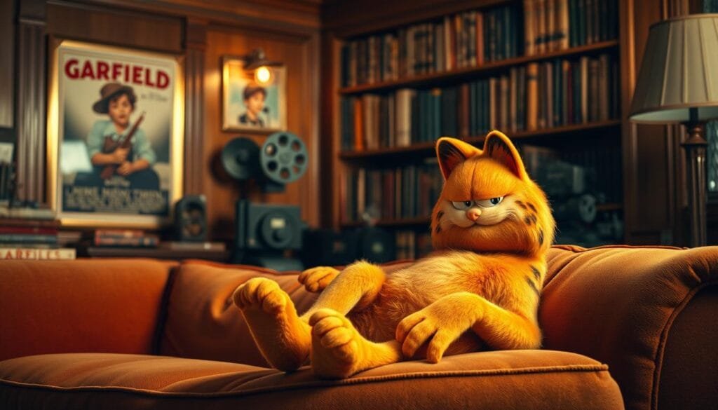 Garfield, the iconic feline, is the star of this cinematic scene. In the foreground, Garfield lounges on a plush, caramel-colored sofa, his paws neatly tucked under his rotund body. Subtle lighting casts warm, golden tones across his tabby fur, highlighting his striking features. In the middle ground, the room is adorned with vintage film memorabilia, including a classic movie poster and a retro film projector. The background is a cozy, wood-paneled library, with shelves of well-worn books creating a sense of timeless elegance. The overall mood is one of quiet contemplation, as Garfield appears lost in thought, perhaps pondering his next cinematic role. The scene is captured through a medium-wide lens, allowing the viewer to fully immerse themselves in this whimsical, cinematic world of Garfield.