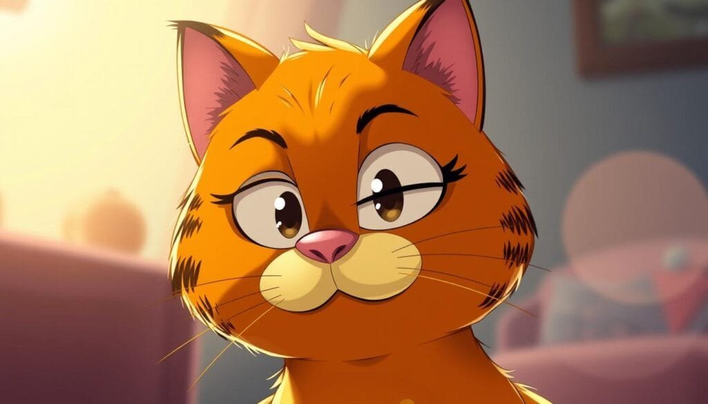 Garfield, the iconic orange cat, rendered in a vibrant anime-inspired style. A close-up portrait captures his mischievous expression, large expressive eyes, and distinctive features - the triangular ears, fluffy fur, and a playful, slightly mischievous grin. The lighting is soft and diffused, creating a warm, cozy atmosphere. The background is hazy and blurred, placing the focus entirely on Garfield's endearing anime-esque visage. The composition is balanced, with Garfield filling the frame and commanding the viewer's attention. An artistic, stylized interpretation that blends the beloved feline's classic design with the dynamic, exaggerated aesthetics of Japanese animation.