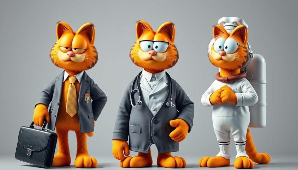 Garfield, the iconic orange tabby cat, depicted in a series of professional attire and occupations. A detailed portrait of the feline in various work settings, showcasing his adaptability and versatility. Garfield in a crisp business suit, briefcase in hand, navigating the corporate world. Garfield the doctor, wearing a white coat and stethoscope, tending to his patients with care. Garfield the chef, donning a toque and apron, whipping up delectable dishes in a well-lit kitchen. Garfield the astronaut, suited up and ready for liftoff, exploring the vast expanse of space. Soft lighting, dynamic camera angles, and a photorealistic rendering to capture the essence of Garfield's diverse professional capabilities.