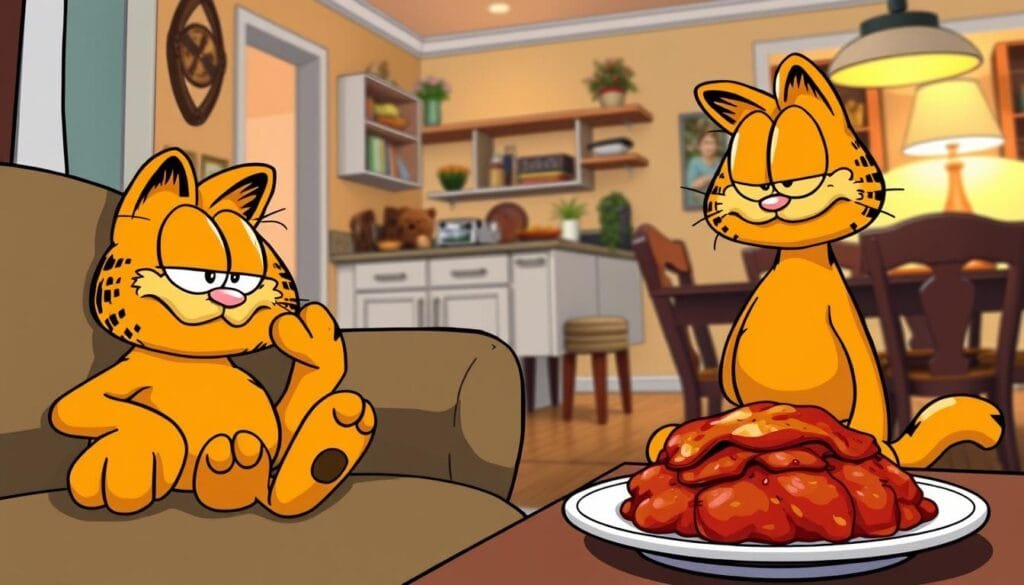 Garfield, the iconic orange tabby cat, in a series of everyday scenarios. In the foreground, Garfield lounging on the couch, one paw delicately licking his paw, his expression a perfect blend of contentment and disinterest. In the middle ground, Garfield sitting at the kitchen table, a plate of lasagna in front of him, his eyes gleaming with anticipation. In the background, a cozy living room with tasteful decor, warm lighting casting a soft glow, creating a sense of comfortable domesticity. The overall mood is one of familiar, relatable moments, capturing the essence of Garfield's laidback, humorous personality within the context of ordinary, everyday life.