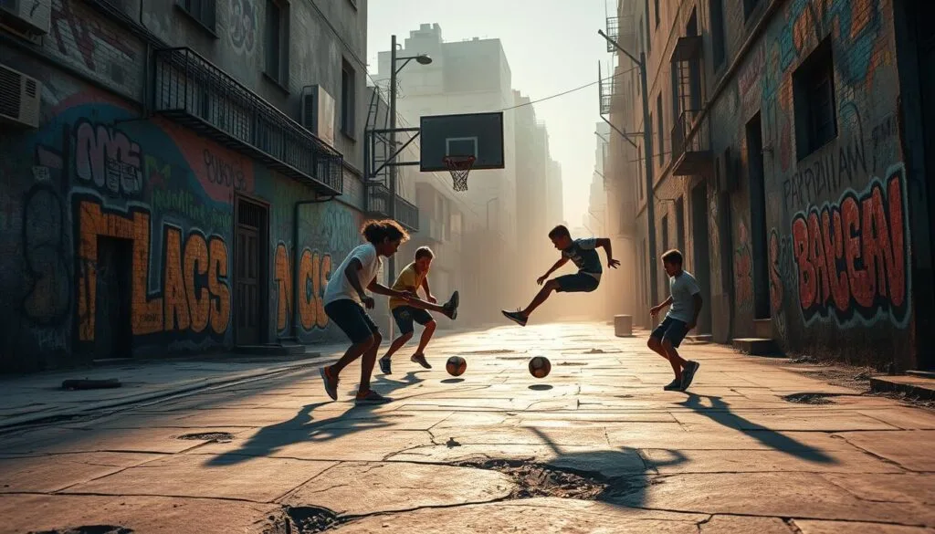 Gritty urban street with vibrant graffiti-covered walls, broken pavement, and a rusted basketball hoop. In the foreground, a group of young soccer players in casual attire perform dynamic trick shots and dribbling maneuvers on a makeshift court. Warm sunlight filters through the hazy atmosphere, casting long shadows and a sense of energy and intensity. The overall scene evokes the lively, improvisational spirit of FIFA Street, capturing the essence of street soccer culture.