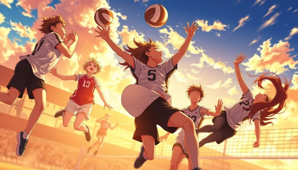 Haikyu!! fanart, masterfully generated with AI. A dynamic volleyball match unfolds, players soaring through the air, their expressions full of determination. The court is bathed in warm, golden light, casting dramatic shadows. The background blurs, keeping the focus on the intense action. Intricate character details are captured with precision, from their uniforms to the sweat glistening on their brows. An impressionistic style gives the scene an ethereal, almost cinematic quality. The composition is bold, with the players framed against a vibrant sky. This AI-generated artwork captures the spirit of Haikyu!! in stunning detail, inviting the viewer to feel the energy and passion of the game.