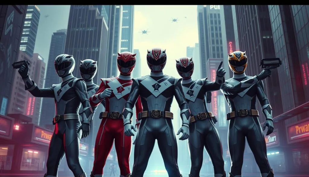 High-tech Power Rangers in futuristic city. A squad of 5 diverse Power Rangers in sleek, modernized uniforms stands triumphantly in a gritty, neon-lit cityscape. Tall skyscrapers and hovering transport vehicles fill the background, while the rangers' helmets have a streamlined, high-tech aesthetic. Dramatic lighting casts dynamic shadows, and a moody, cyberpunk atmosphere pervades the scene. The rangers' poses convey strength, unity and a sense of purpose as they defend their city against unseen threats. Cinematic camera angle emphasizes the rangers' heroic presence and the scale of the urban environment.