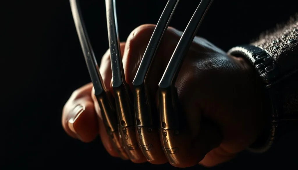 Highly detailed and realistic close-up shot of Wolverine's adamantium claws emerging from the back of his clenched fist. Razor-sharp blades gleaming under dramatic studio lighting, casting dramatic shadows. Gritty, textured metal surface with intricate mechanical details. Powerful, menacing, and primal appearance capturing the essence of this iconic X-Men character. Cinematic depth of field, focused on the claws with a softly blurred background. Moody, high-contrast lighting accentuating the raw, intense nature of the claws.