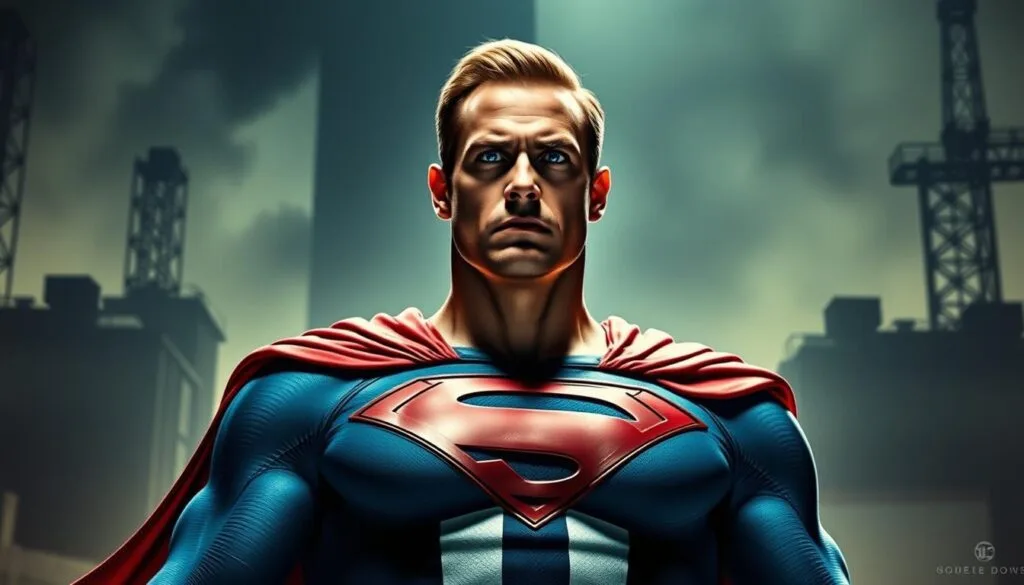 Homelander, the powerful and charismatic leader of the superhero team The Seven, stands tall and imposing, his piercing blue eyes and chiseled features exuding an air of confident authority. Donning his iconic red, white, and blue costume, complete with a flowing cape and the American flag emblazoned on his chest, he commands the attention of all who behold him. The lighting is dramatic, casting long shadows and highlighting the sharp contours of his face, creating a sense of intensity and power. The background is a hazy, industrial cityscape, setting the stage for Homelander's unyielding presence and the weight of his influence. The overall mood is one of ominous grandeur, reflecting the character's complex and morally ambiguous nature.