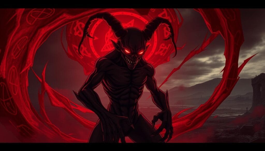 Homúnculos Fullmetal Alchemist: Seven Deadly Sins Manifested A dark, sinister realm where the seven cardinal vices have taken physical form. In the foreground, a twisted, deformed humanoid creature with a grotesque, inhuman visage, its body contorted in an unnatural pose. Glowing eyes and a malevolent aura radiate from the homunculus, conveying a sense of pure, unadulterated evil. Surrounding it, a swirling vortex of crimson energy and corrupted alchemical symbols, representing the corrupting influence of the deadly sins. In the distant background, a bleak, dystopian landscape shrouded in an ominous, oppressive atmosphere, hinting at the broader scope of the Fullmetal Alchemist world. Dramatic, high-contrast lighting casts dramatic shadows, heightening the sense of foreboding and unease. Cinematic camera angle and composition draw the viewer's gaze directly to the unsettling central figure.