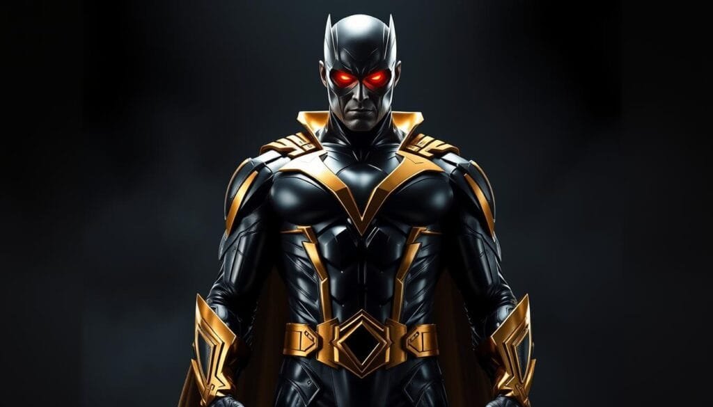 Iconic Black Adam costume: A powerful, intimidating figure stands tall, adorned in a sleek, metallic black suit with intricate golden accents. The suit's sharp, angular design exudes an aura of authority and command. Piercing red eyes glow with an intense, otherworldly energy, projecting a sense of unwavering determination. The background is shrouded in a dramatic, moody atmosphere, with dramatic lighting casting deep shadows and highlights that accentuate the costume's dramatic silhouette. The overall composition conveys the sheer might and presence of this iconic comic book character.