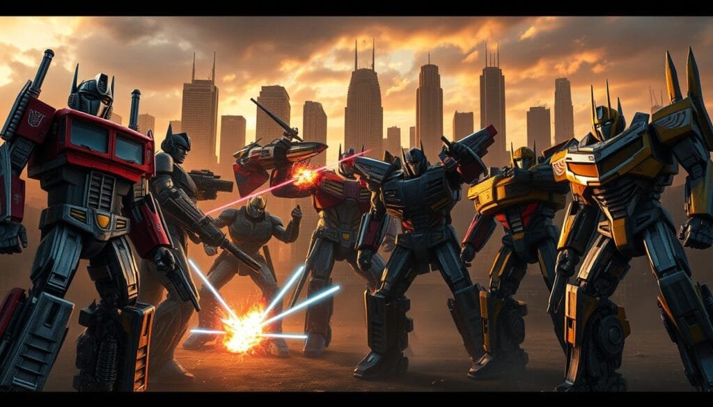 Iconic Transformers characters in a dynamic, highly detailed scene. In the foreground, prominent figures like Optimus Prime, Bumblebee, and Megatron stand tall, their robotic forms rendered with intricate mechanical textures and powerful poses. In the middle ground, other legendary Autobots and Decepticons engage in an intense battle, laser blasts and explosions illuminating the shadowy environment. The background depicts the gritty, urban landscape of a futuristic city, with towering skyscrapers and ominous clouds overhead, creating a dramatic and cinematic atmosphere. Warm lighting from the setting sun casts long shadows, adding depth and atmosphere. Realistic, high-resolution, photorealistic.