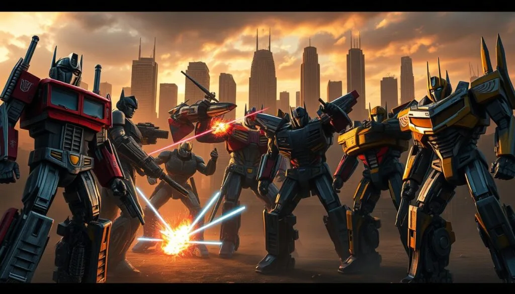 Iconic Transformers characters in a dynamic, highly detailed scene. In the foreground, prominent figures like Optimus Prime, Bumblebee, and Megatron stand tall, their robotic forms rendered with intricate mechanical textures and powerful poses. In the middle ground, other legendary Autobots and Decepticons engage in an intense battle, laser blasts and explosions illuminating the shadowy environment. The background depicts the gritty, urban landscape of a futuristic city, with towering skyscrapers and ominous clouds overhead, creating a dramatic and cinematic atmosphere. Warm lighting from the setting sun casts long shadows, adding depth and atmosphere. Realistic, high-resolution, photorealistic.
