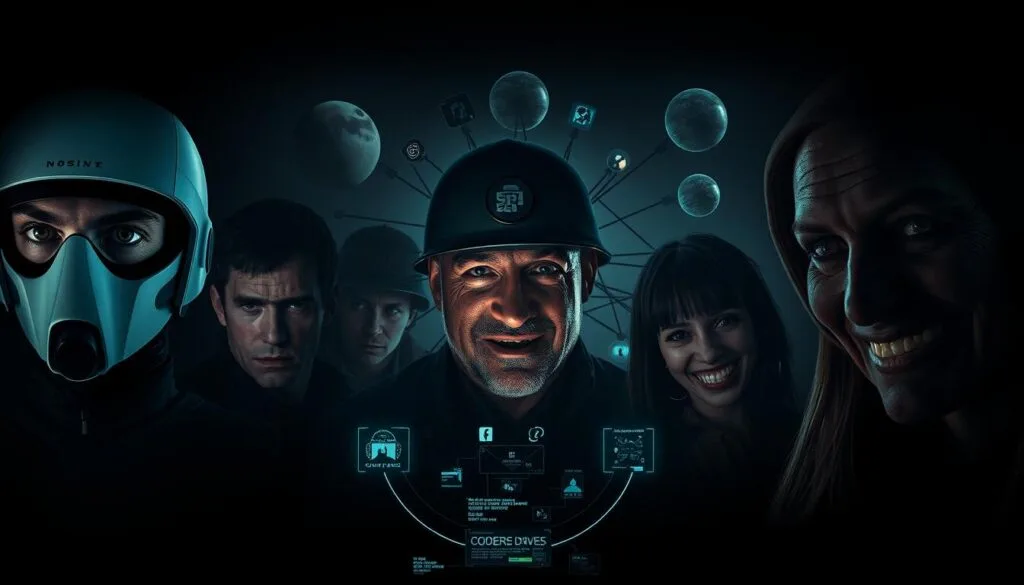 Iconic characters from the dystopian sci-fi anthology series Black Mirror, captured in a visually striking and conceptual portrait. A dimly lit scene, with a somber, unsettling atmosphere. In the foreground, a collage of recognizable faces - the anxious stare of the white-suited drone from "Nosedive", the haunting gaze of the traumatized soldier from "Men Against Fire", the unsettling smile of the twisted social media star from "Fifteen Million Merits". In the middle ground, a web of glowing digital interfaces and ominous technological elements, hinting at the series' themes of technology, surveillance, and the dark side of human nature. The background fades into a hazy, indistinct void, suggesting the isolation and unease that permeates the Black Mirror universe. Dramatic chiaroscuro lighting casts dramatic shadows, enhancing the moody, dystopian aesthetic. The overall composition and visual style evokes the distinctive visual language of the show.