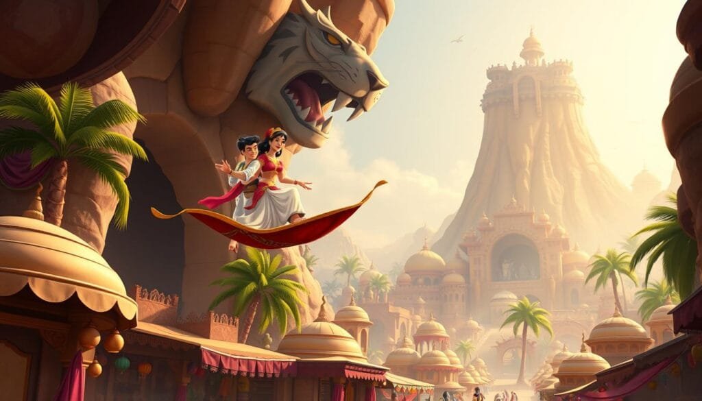 Iconic scenes from Aladdin: A vibrant, sun-drenched marketplace in Agrabah, with vendors hawking their wares and colorful fabrics billowing in the breeze. In the center, Aladdin and Jasmine, dressed in traditional Arabian attire, share a magical moment on a flying carpet, soaring high above the domed rooftops and palm trees. The iconic Cave of Wonders looms in the background, its entrance guarded by the majestic, snarling tiger head. Soft, warm lighting illuminates the scene, capturing the enchantment and wonder of this beloved Disney classic.