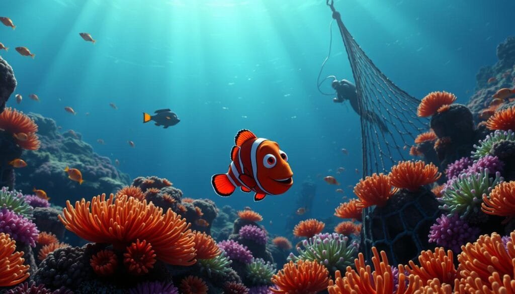 Iconic scenes from Disney-Pixar's Finding Nemo: a vibrant underwater world teeming with marine life. In the foreground, an anxious clownfish father Marlin searches for his lost son Nemo, navigating a lush coral reef alive with swaying anemones, schools of tropical fish, and shimmering sunbeams filtering through the water. In the middle ground, the adventurous Nemo finds himself trapped in a fishing net, casting a fearful glance towards the ominous silhouette of a scuba diver. The background is filled with the vast, mysterious ocean, with distant schools of fish and the shadowy outlines of larger predators. Dramatic lighting and a sense of urgency and wonder capture the iconic moments from this beloved animated film.