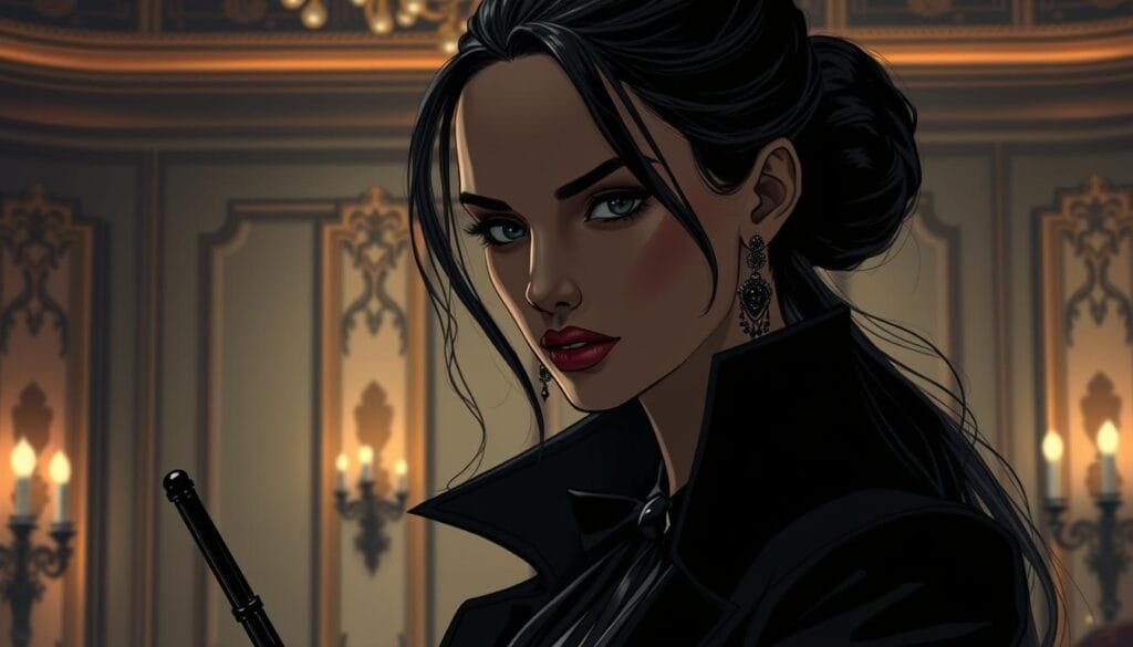 Ilustración detallada de Yor Forger, conocida como la Princesa Espinosa, en una atmósfera elegante y sombría. Un retrato dinámico que captura su belleza y peligrosidad, con detalles precisos en su rostro, peinado y vestimenta formal. La escena se desarrolla en un interior lujoso con iluminación tenue, destacando su figura en primer plano. Yor se presenta con una postura relajada pero alerta, reflejando su naturaleza reservada y letal como una asesina profesional. La composición enfatiza su elegancia y letalidad, creando una imagen cautivadora y memorable de este personaje icónico de Spy x Family.