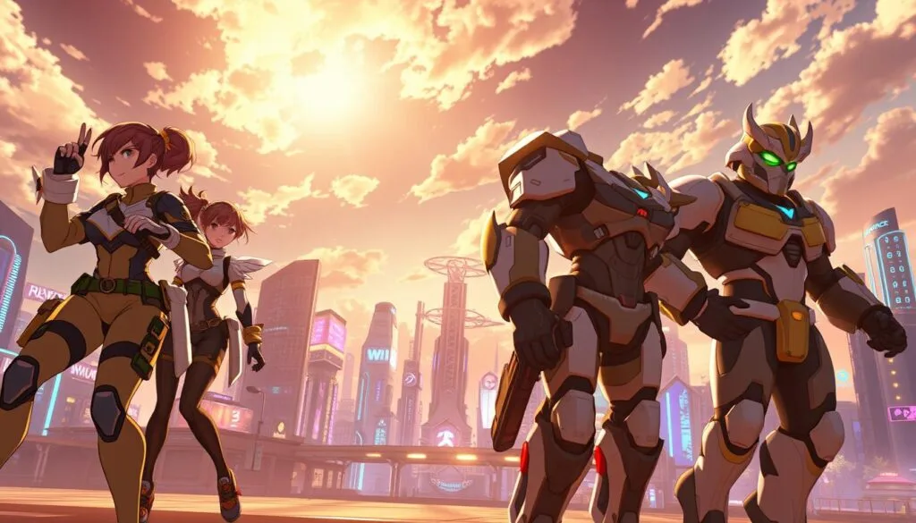 Imagine a striking crossover between the vibrant world of Overwatch 2 and the captivating aesthetics of anime. In the foreground, the iconic Overwatch heroes stand tall, their costumes and expressions infused with the dynamic energy of Japanese animation. Tracer's speedy dashes, Mercy's angelic wings, and Reinhardt's powerful charge create a mesmerizing display. In the middle ground, the futuristic cityscapes of Overwatch 2 provide a breathtaking backdrop, neon lights and holographic displays blending seamlessly with the anime-inspired style. The sky above is bathed in a warm, golden glow, casting a dreamlike atmosphere over the entire scene. Subtle details, such as the characters' manga-inspired facial features and exaggerated movements, further enhance the crossover aesthetic. Cinematic angles and a sense of depth and scale immerse the viewer in this captivating fusion of gaming and animation.