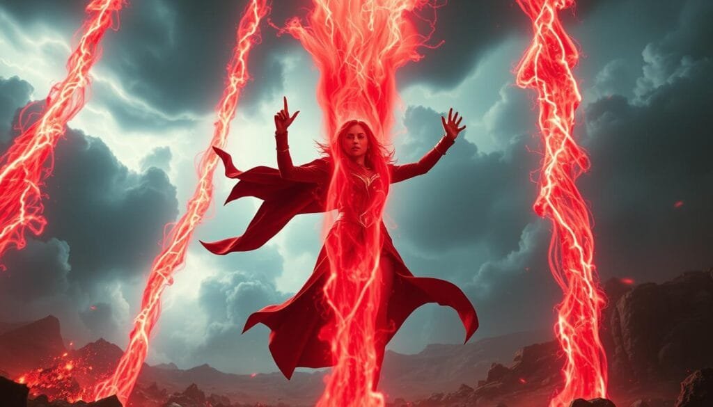 Immersive battle scene with Scarlet Witch at the center, wielding her crimson energy powers. Towering columns of red energy surge and twist around her, creating a mesmerizing display of magical might. The background is a vast, storm-ravaged landscape, with billowing clouds and flashes of lightning illuminating the epic confrontation. Scarlet Witch's flowing red cloak billows dramatically as she commands the elements, her face a mask of fierce determination. The lighting is dramatic, with deep shadows and highlights accentuating the dramatic action. The camera angle is low, emphasizing the scale and grandeur of the scene.