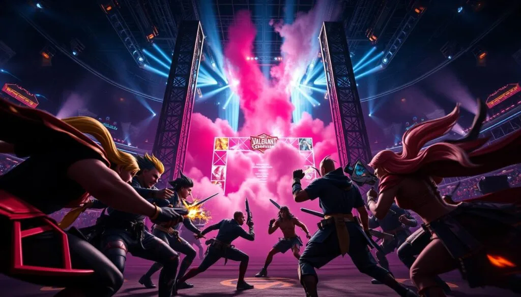 Intense Valorant esports match unfolds with dynamic camera angles. Colorful champions clash in the foreground, their fierce expressions and lightning-fast movements frozen in time. Towering arena structures loom in the middle ground, casting dramatic shadows. Vibrant neon lights and billowing smoke create an electrifying atmosphere in the background. High-contrast lighting and a cinematic depth of field emphasize the dramatic tension. Capture the thrill and energy of a defining competitive Valorant moment.