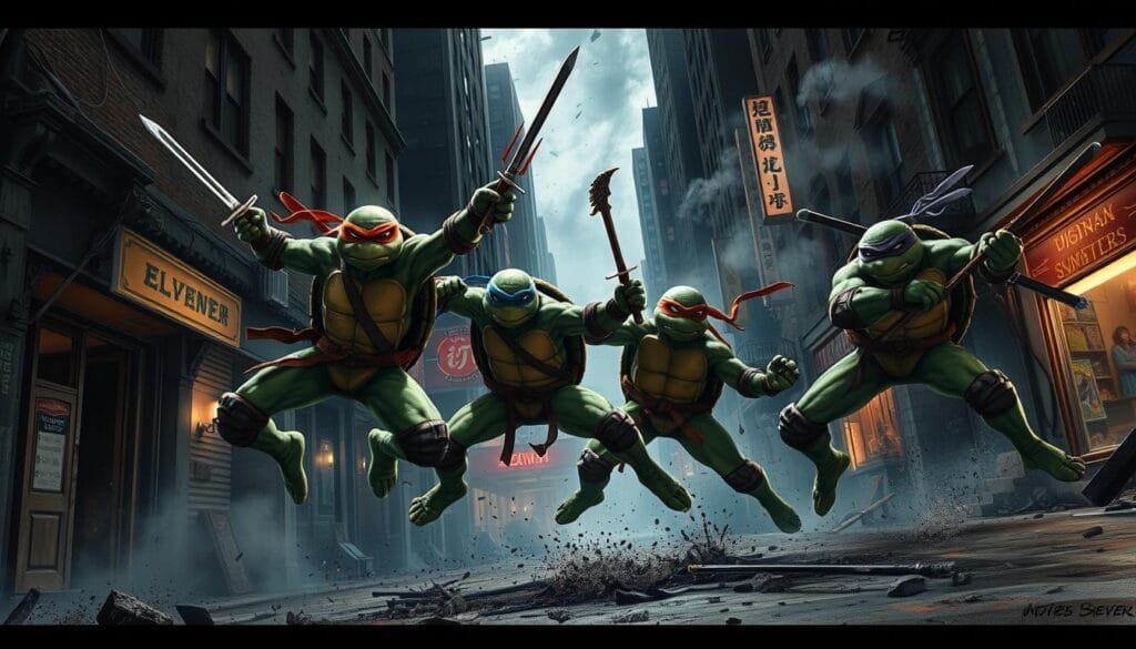 Intense action scene of the four Teenage Mutant Ninja Turtles - Leonardo, Raphael, Donatello, and Michelangelo - engaged in a dynamic battle against their foes. Turtles leaping, kicking, and wielding their iconic weapons - katanas, sais, bo staff, and nunchucks - amid a gritty, urban landscape of crumbling buildings, shadowy alleyways, and neon-lit streets. Dramatic chiaroscuro lighting casts dramatic shadows, highlighting the turtles' skilled movements and expressions of determination. Smoke, debris, and a sense of chaos and movement permeate the frame, capturing the energy and intensity of the ninja action. An overall tone of gritty realism and comic book-inspired visual style.