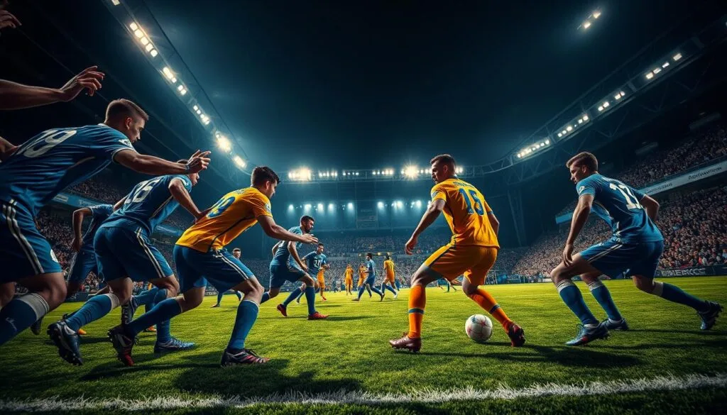 Intense football match in the Blue Lock universe, with players locked in a fierce battle on the pitch. Dramatic lighting casts dynamic shadows, emphasizing the players' physicality and determination. Wide-angle lens captures the energy of the crowd, their faces etched with emotion as they cheer on their team. Vibrant blue and yellow team colors pop against the gritty, industrial stadium backdrop. Camera angles shift rapidly, mirroring the frenetic pace of the game, culminating in a climactic penalty shootout under the floodlights. Capture the high-stakes, do-or-die atmosphere of a pivotal Blue Lock tournament match.