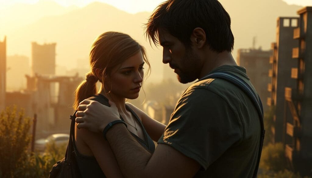 Intimate portrait of two survivors from The Last of Us, bathed in warm, golden light. In the foreground, Ellie and Joel embrace, their faces reflecting a deep emotional connection forged through their harrowing journey. The middle ground features a ruined urban landscape, crumbling buildings and overgrown vegetation conveying the post-apocalyptic setting. The background is hazy, with a sense of melancholy and nostalgia permeating the scene. Cinematic composition, with a shallow depth of field that keeps the characters in sharp focus, highlighting their palpable bond. Evocative and emotionally resonant, capturing the bittersweet moments of human connection amidst the devastation.