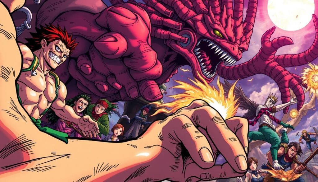 Intricate and dynamic artistic style of JoJo's Bizarre Adventure, featuring bold linework, expressive character poses, and a vibrant color palette. Exaggerated anatomy, dramatic lighting, and a sense of kinetic energy. Detailed foreground with distinct manga-inspired character designs, mid-ground with dynamic action scenes, and a painterly, stylized background. Cinematic camera angle that captures the larger-than-life spectacle of the JoJo universe. Moody, intense atmosphere with a touch of the surreal and fantastical. Powerful, mysterious, and visually captivating.